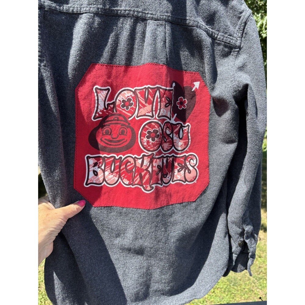 Love OSU BUCKEYES Upcycled Flannel Shirt Small Ohio State University Football - Picture 3 of 10